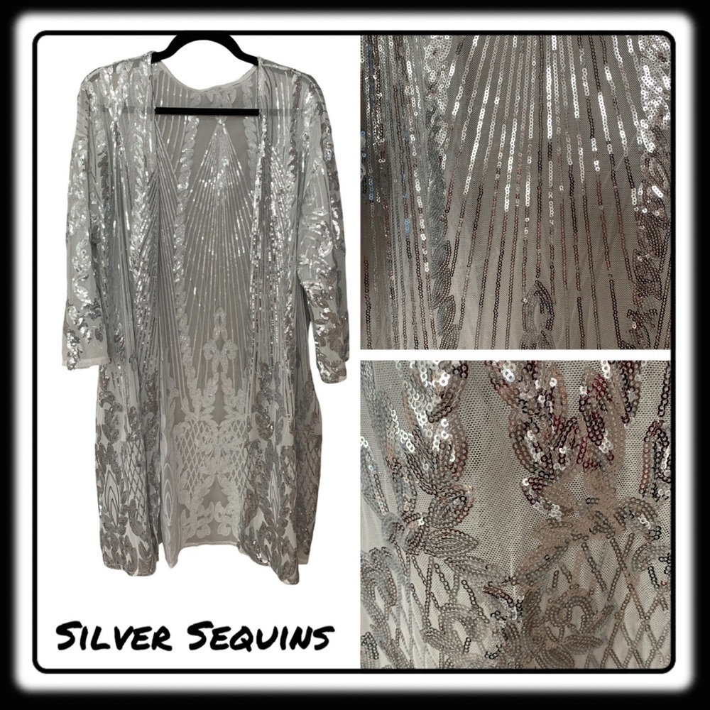 NWT/NIB SILVER OS sequin duster. Get your “Shimmer On”this holiday Season!